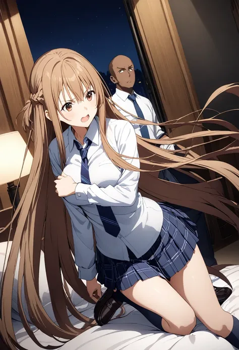 Highest quality、Super detailed、High resolution illustrations、Ultra-high-definition CG、８k size wallpaper、Production Art、Light novel illustrations、asuna yuuki, long hair, bangs, brown hair, brown eyes, very long hair, braid, Collared shirt、Navy blue tie、Navy...