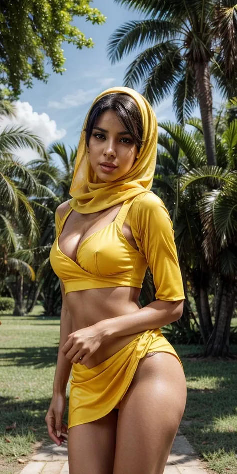 Aaliyah Alat, brunette, elegant yellow hijab, expressive eyes, focus on eyes, neckline, sunny day, neckline, above view, in park, sexy pose, pale skin, tight clothes, yellow dress, focus on neckline, in a orange plantation, sensual, sexy, close camera, tig...