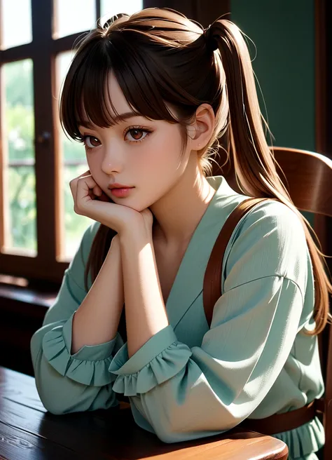 1 Girl, Brown_twintails, sit, Chair, boring, Chin on hand, beautiful eyes,masterpiece, best quality, (Reality:1.4),RAW photos, (Real skin texture:1.3), (Film Grain:1.3),