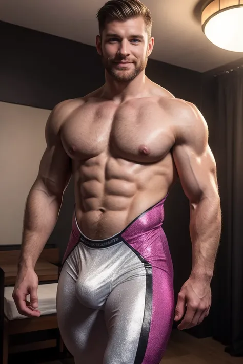 (handsome mature man), (The 50s), White man, wears a wrestling suit, Shiny elastane, Bulge, (strong:1.3), beard, Viewers look at, Nice man, detailled eyes, symmetrical face, grin, robust, ergrauendes Haar, in a dressing room, Step in focus, nice bump, nice...