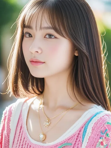 Perfect face and small breasts、Cute clothes、18-year-old girl with slim and slender physique。Skin is detailed and very detailed eyes(1.1 emphasis)、high detailed skin texture(1.1 emphasis)Has a。Slender Necklace、Model Photo Style、Photorealsitic、Skin texture i...