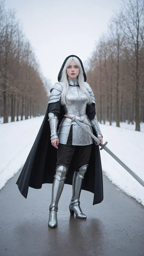 realistic,score_9, score_8_up, score_7_up, 
hyper detailed, ultra detailed, UHD, beautiful girl, perfect anatomy, perfect body, model, stylish pose, wearing full plate body fantastic armor with cape, holding huge crystal sword, snowy medieval road, (random...