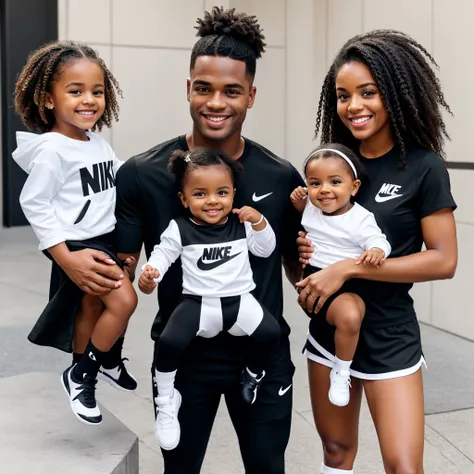 Brownskin stud and fem holding there baby girl smiling wearing matching black and white nike outfits 