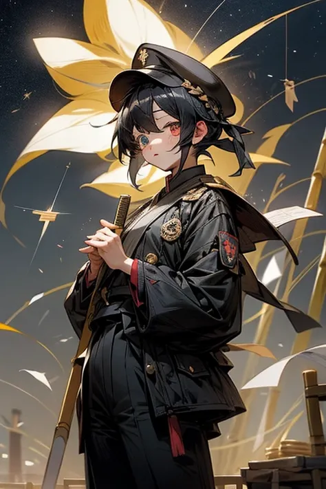 Tanabata。Chuunibyou。Eye patch。military cap。A girl with short black hair。Wearing black military uniform。Fluttering cloak。Write your wishes on a piece of paper。The bamboo is swaying。Imperial City Sky、You can see the beautiful starry sky。