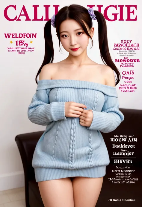 Magazine cover,Twin Tails,Beautiful little girl(Wear an off-shoulder sweater),,(Smooth skin),E7E48U，excited，Small Breasts，pubic hair