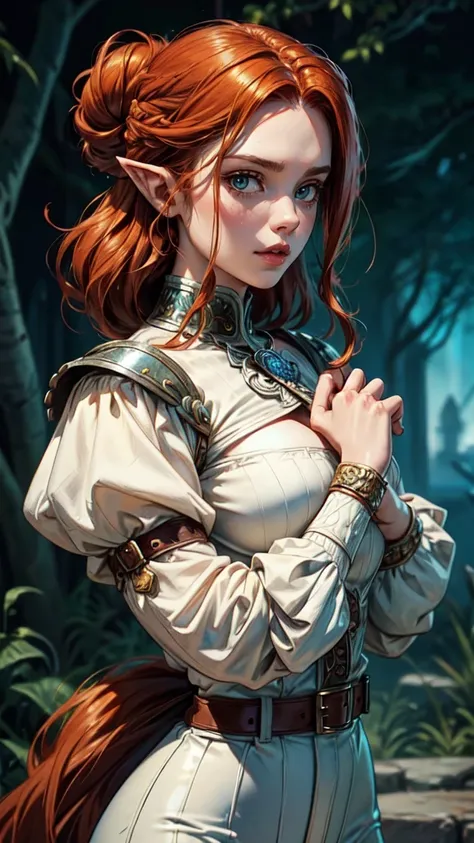 (Face-BarbaraPalvin:0.8) (D&D rogue character:1.2) painting ginger woman auburn hair (updo:1.1) white button shirt see through leather pants pauldron teal armor belts straps detailed background ancient ruins (small_breasts:1.1) (masterpiece) (best quality)...