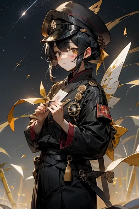 Tanabata。Chuunibyou。Wearing an eye patch。military cap。A girl with short black hair。Wearing black military uniform。Fluttering cloak。Write your wishes on a piece of paper。The bamboo is swaying。Imperial City Sky、You can see the beautiful starry sky。