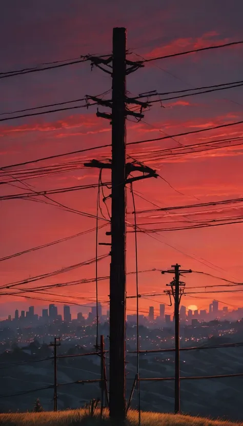 detailed silhouette of a telephone pole,small hill with telephone poles,cityscape,sunset,red sky,concrete utility pole,beautiful...