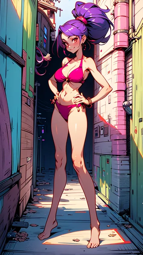 Masterpiece, best quality, Masterpiece, best quality, 1 woman , red eyes , purple hair ponytail , sly face , smile , pink bikini , abdomen, big breasts , Long legs , Barefoot , hands on hips , stand perfectly erect , full body , alley