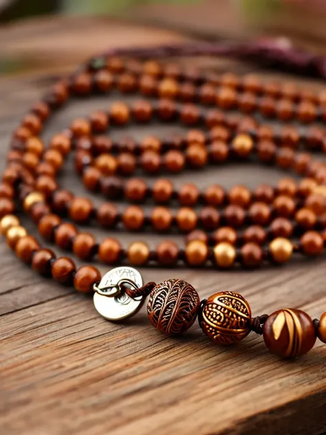 a prayer beads cord of brown beads with metallic medal carved with a tree, on a table