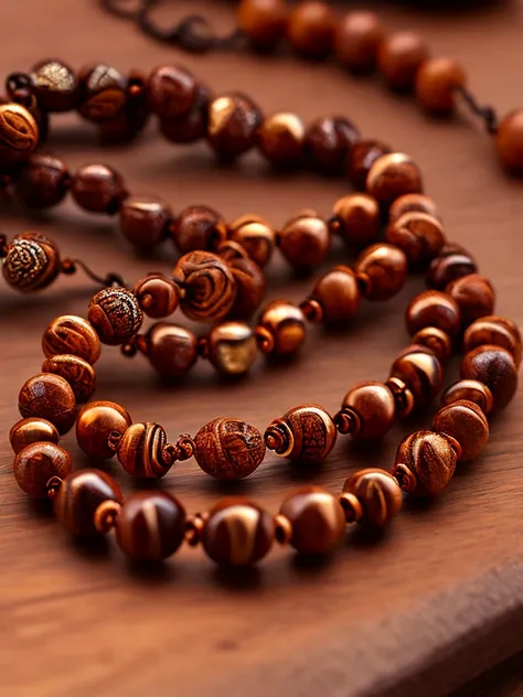 a prayer beads cord of brown beads with metallic medal carved with a tree, on a table