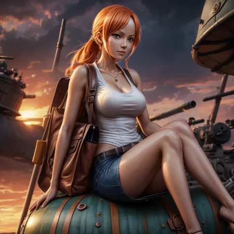 
Real nami in one piece , holding a stylish bag, sitting on the barrel of a replica tank toys gun modified with the strongest material, wearing a a thin shirt that was wet with sweat , realistic, 8K.flowers,sunset,in dark,dark theme, masterpiece,official a...