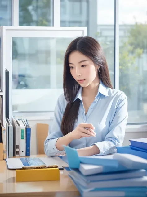 In a crowded office，beside，A Chinese beauty is concentrating on her work，The background is blue sky and white clouds outside the window，Suggesting that indoor air quality is equally important