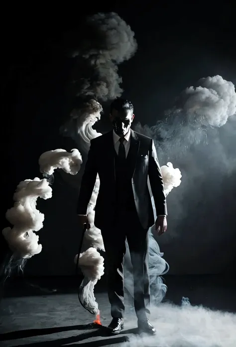 Horror pictures of a man in a black suit and a black dress shirt standing in a black background with smoke rising