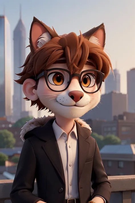 A photorealistic portrait of a young 18-year-old male hailing from Cat, featuring striking black eyes and glossy orange fur. He sports an elegant suit, perfectly fitted to his slender frame, along with a pair of chic sunglasses and a luxury watch on his wr...