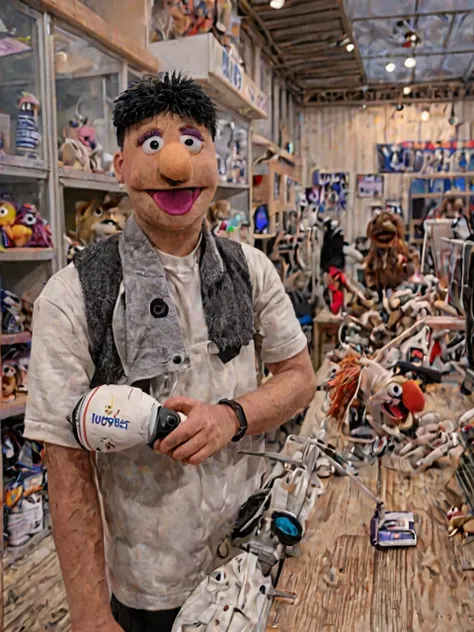 arafed man in a store with a fake animal in his hand