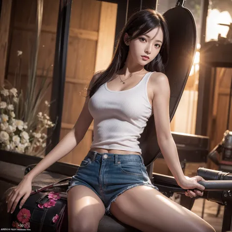 
Real nami in one piece , holding a stylish bag, sitting on the barrel of a replica tank toys gun modified with the strongest material, wearing a a thin shirt that was wet with sweat , realistic, 8K.flowers,sunset,in dark,dark theme, masterpiece,official a...