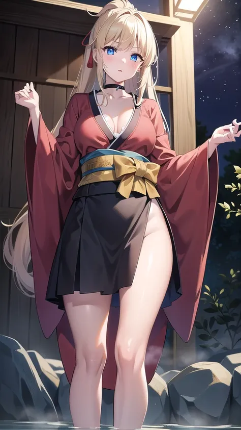 beatrixamerhauser, beatrix amerhauser, long hair, blue eyes, blonde hair,ponytail, (medium breast:1.2),
BREAK japanese clothes,red kimono,wet kimano, yukata,cleavege,neckline,black choker,
BREAK looking at viewer,
BREAK outdoors, onsen,night,steam,wet,star...