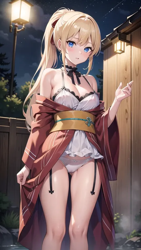 beatrixamerhauser, beatrix amerhauser, long hair, blue eyes, blonde hair,ponytail, (medium breast:1.2),
BREAK japanese clothes,red kimono,wet kimano, yukata,cleavege,neckline,black choker,stockings,stocking suspenders,
BREAK looking at viewer,
BREAK outdoo...