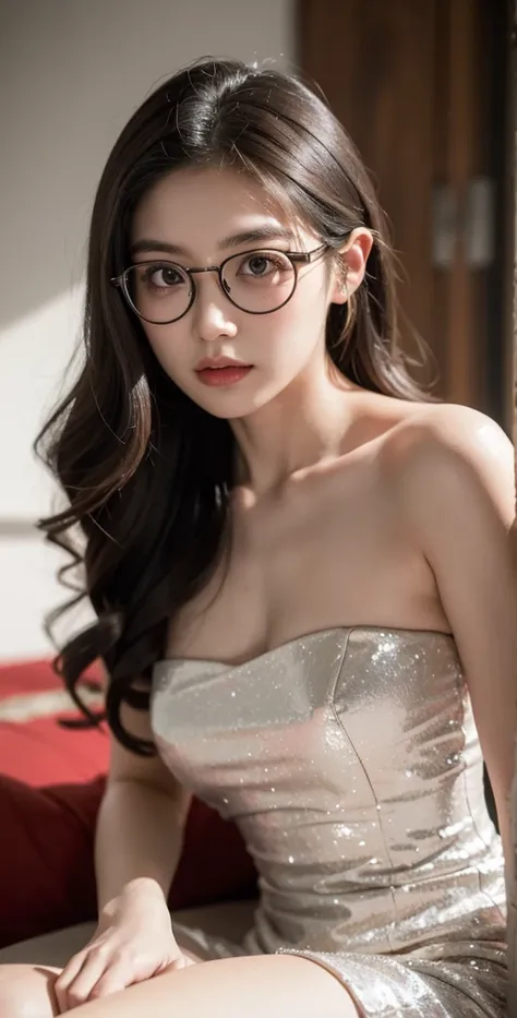 wear glasses, Wearing long, round glasses, 19 year old girl, with square glasses, Young cute girl, Yoshitomo Nara, F / 1. 9 6. 8 1 mm iso 4 0, Best image quality, masterpiece, Ultra-high resolution, 8K, cleveage, big, Bust details, Hair details, Eyes Detai...