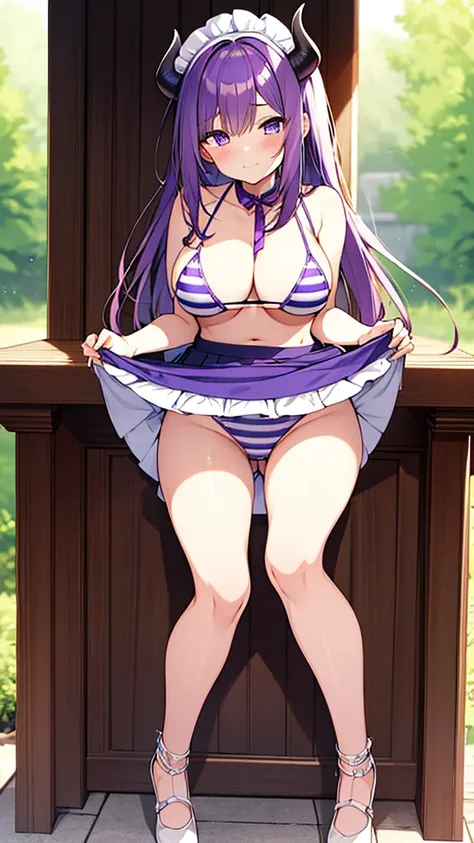 最high quality, high quality, Super detailed, 16K, Ultra-detailed details, pretty girl, alone, beautiful purple hair, Beautiful purple eyes, Big Breasts, A light smile, Summer clothes, Summer Maid clothes, Im lifting my skirt, Blue and white color striped u...