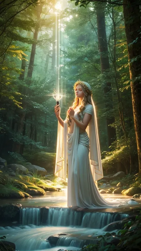 Image of Greek goddess Aphrodite sending healing light energy to many people, surrounded by forest, realistic, detailed, ethereal, mysterious, soft lighting, dreamy atmosphere, spiritual ritual, harmonious environment, soft pastel colors, ethereal soft bac...