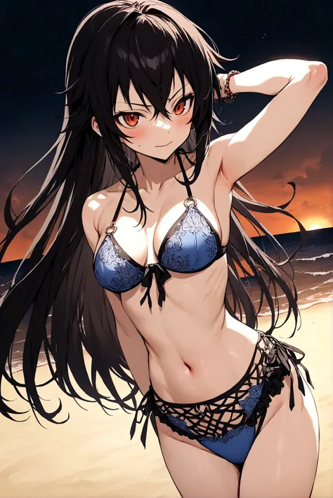 Medaka Kurokami with big  on the beach wearing a bikini 