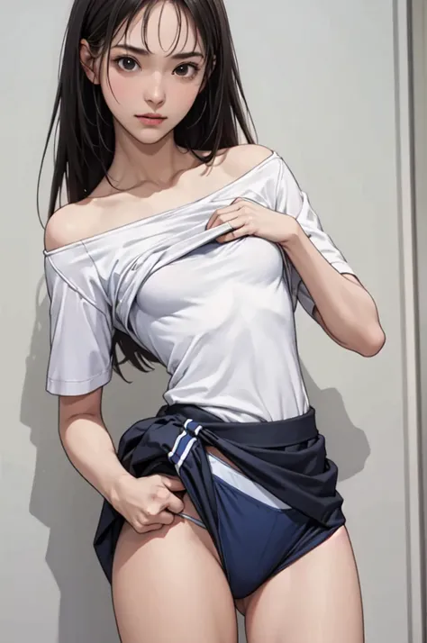 ((masterpiece, best quality)),((high resolution:1.3)), 1 Girl, solo, Cowboy Shot, Blurred Background, (((Small breasts))), Thighs, (underwear), ((lift Shirts:1.3)), Off shoulder