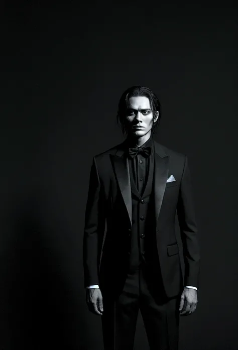 Horror pictures of a man in a black suit standing against a smoky black background