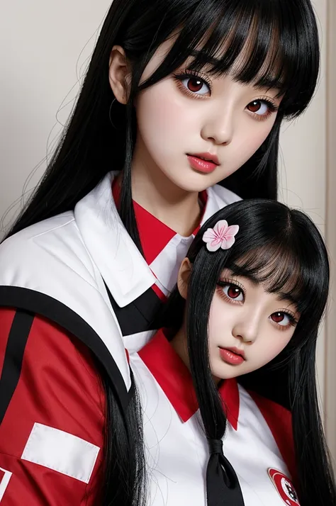 black hair girl, korean, doll and fluffy lips, wearing a kakegurui anime uniform