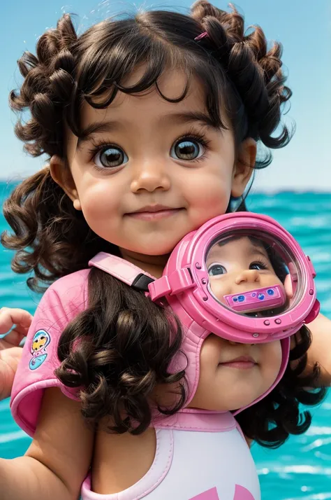 4 year old girl cartoon, long curly black fur, almond brown eyes, White skin, dressed in a pink diver, chubby pixar type cheek

