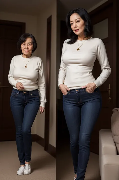 An elderly woman of 70 years, with sexy curves, Skinny body, black hair, White skin, hourglass curves, hourglass figure, hourglass body, very short stature, tight jeans, warm sweatshirt