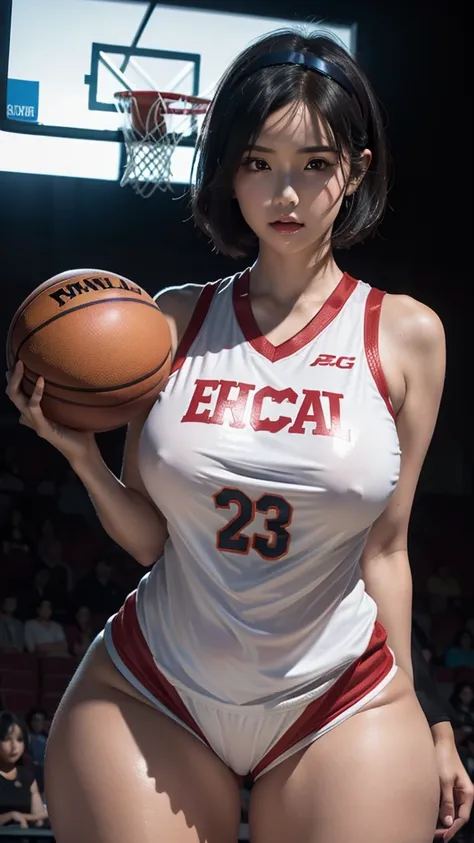 Sarada, short hair, hairband, black eyes, beautiful, gorgeous woman, perfect body, scoreland, perfect breasts, (((thick thighs))), wearing a basketball jersey, on the basketball court, holding a basketball