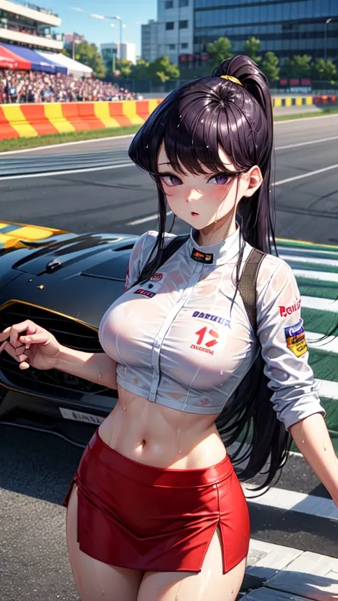 ((perfect hands)), ((perfect anatomy)), (((komi_shouko))), purple hair, ponytail, purple eyes, large breast, wet body, race queen, unbottened shirt with red bull logos, dark blue mini skirt, street race circuit, standing next to a race sport car, enamel, b...