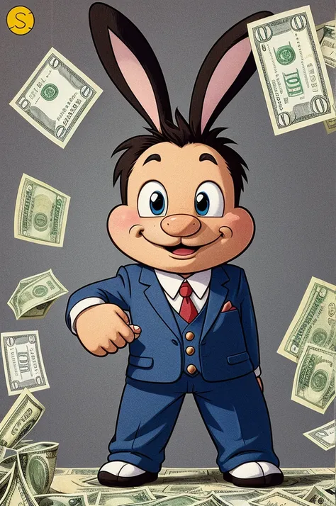 A bunny cartoon character in bottom of the page and money in his hand