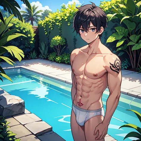 1 boy, He is standing by a swimming pool on a sunny day, wearing only white boxer briefs. The sunlight highlights the details of your sculpted body, as he prepares to dive into the refreshing water, your hair is short and messy and black, your deep, myster...