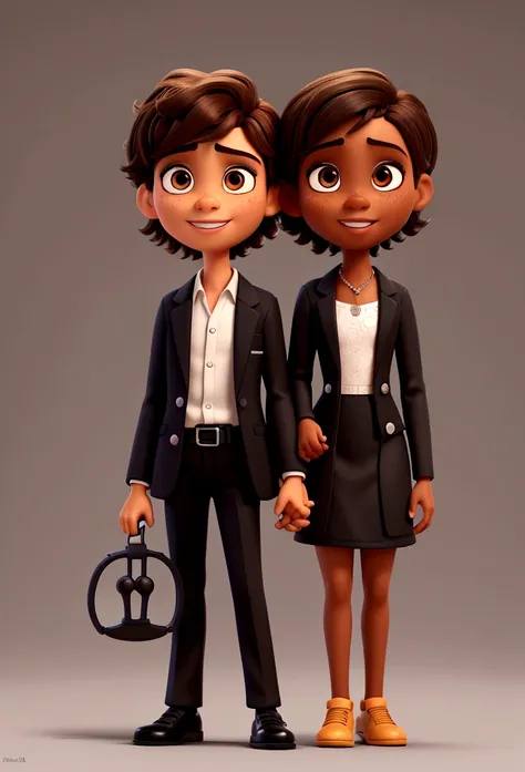 Create a Brazilian teenager in Pixar style, light brown skin, Scrawny, short hair and dark brown hairstyle, eyes of the same color showing joy. Full black suit dress, holding in his hands a violin. high quality image and rich detail