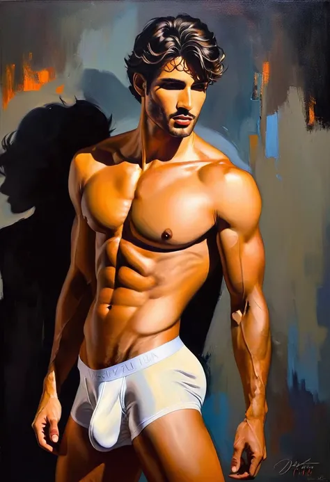 Sensual illustration of an Arav man in white underwear in chiaroscuro, sexy masculine, Diego Fazio, Male model, author：Lute Fula, Back，Model with charming figure, inspired author：Lute Fula, Medium shot of a handsome guy, Model wearing flowing, Heavy oil pa...