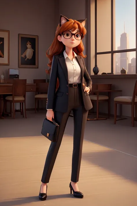 A photorealistic portrait of a 25-year-old female hailing from Cat, featuring deep black eyes and lush orange fur. She is elegantly dressed in a modern suit, complemented by designer sunglasses and a classic watch. This full body image is rendered in 8k HD...