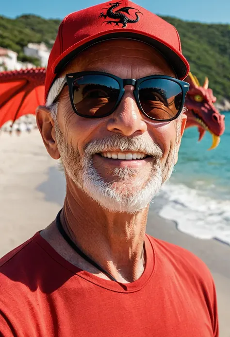 on the beach, captures a realistic image from different angles in a medium shot of a brave 60-year-old man with a very short beard, almost imperceptible white color and RayBan wayfarer sunglasses, The entire image takes place accompanied by a friendly red ...