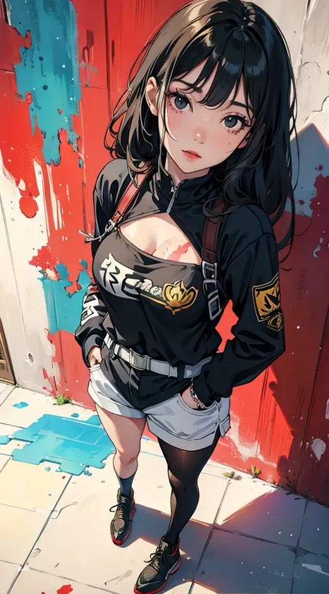 ((8k wallpaper of extremely detailed CG unit, ​masterpiece, hight resolution, top-quality, masutepiece)), ((a very beautiful woman, Hands in pockets:1.8, Grunge Fashion, Wearing tights)), ((extra detailed face, Highly detailed black eyes, Contrasting eyes,...