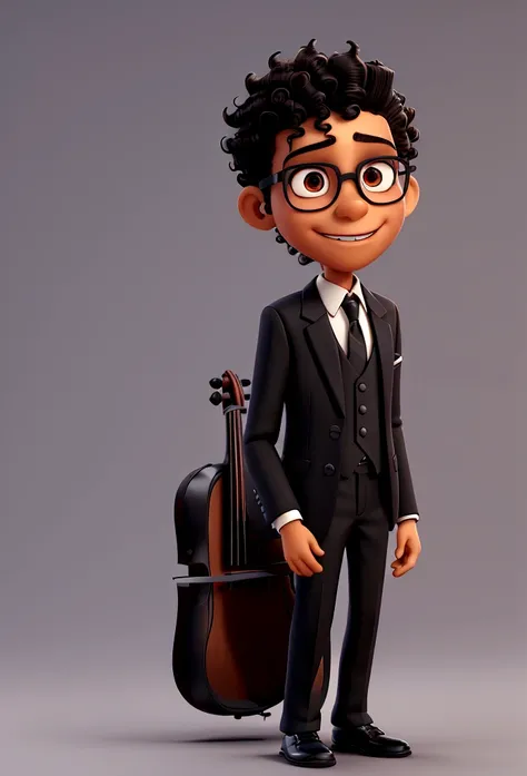 A teenager wearing a black suit with tie, complemented by black shoes. He is standing, presenting a formal appearance. Happy appearance. Brazilian boy, dark skin, curly, shaved hair, dark brown, eyes in the same color showing happiness. Wearing glasses wit...