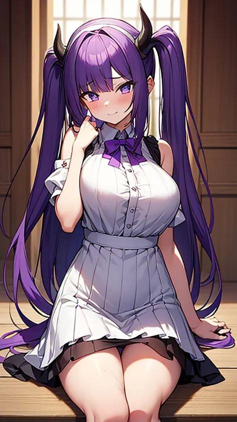 最high quality, high quality, Super detailed, 16K, Ultra-detailed details, pretty girl, alone, beautiful purple hair, Beautiful purple eyes, Big Breasts, A light smile, Summer clothes, Summer Maid clothes, Im lifting my skirt, Blue and white color striped u...