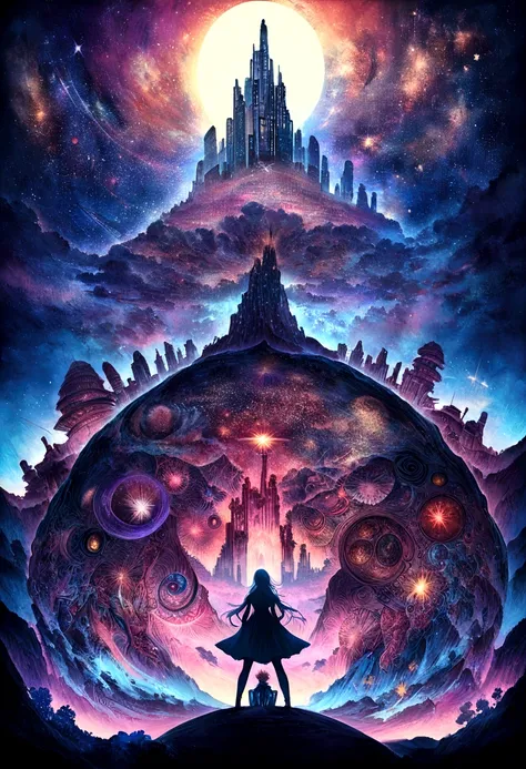 there is a woman standing in front of a painting of a planet, futuristic city in background, psytrance artwork, interconnected human lifeforms, panoramic view of girl, progressive rock album cover, dream of the endless, star dust, galaxy, stoner rock --ar ...