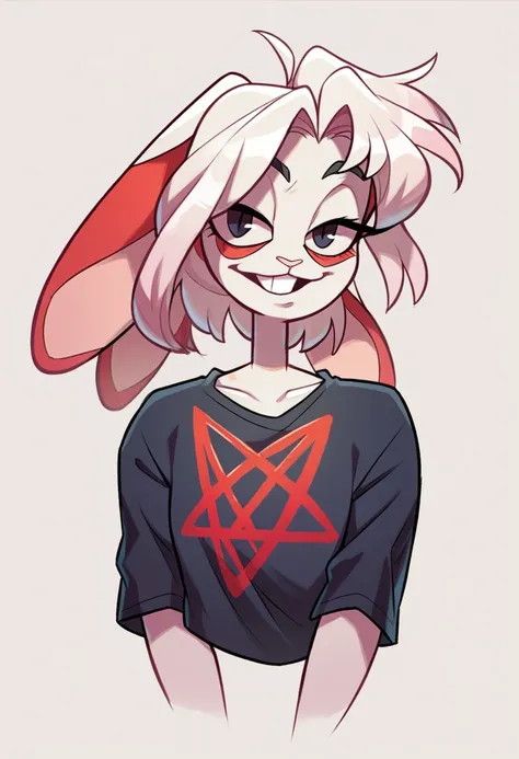 Fold Rabbit, with red markings, in a jumper with a pentagram and a shirt, Eternal smile,thin build, sinewy, elongated