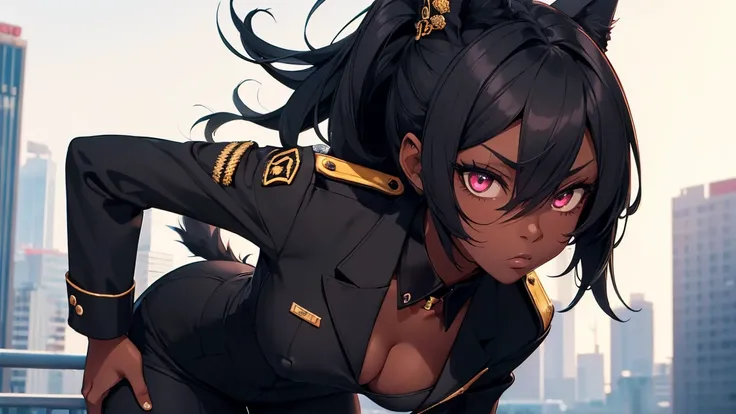 female furry girl with black skin, perfect body, militar black suit, condecorations in suit, seriously, pop eyes, sexy, hand on hip, bottom view, simple city background. furry woman. 