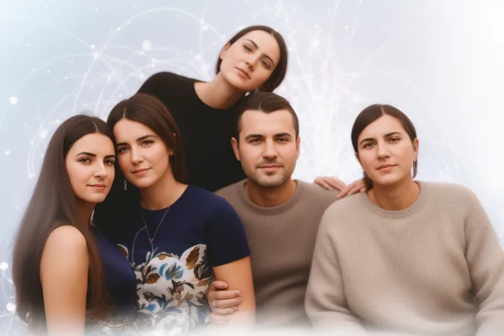 There is a group of people, who pose for photography, Happy family, family photo, a family portrait, High Quality Portrait, NFT Portrait, artem, maia sandu hyperrealistic, color portrait, Complex background, photo portrait, profile pic, inspired by Isidor ...