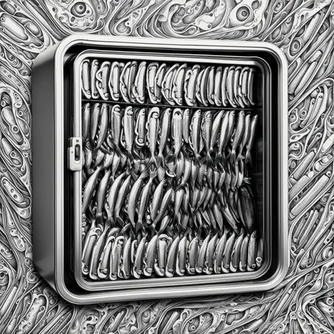 Tinned sardines in compact vending machine, tattoo design, Japanese retro, doctor, lineart PStyl3, negative space, abstract, intricate, iridescent, 