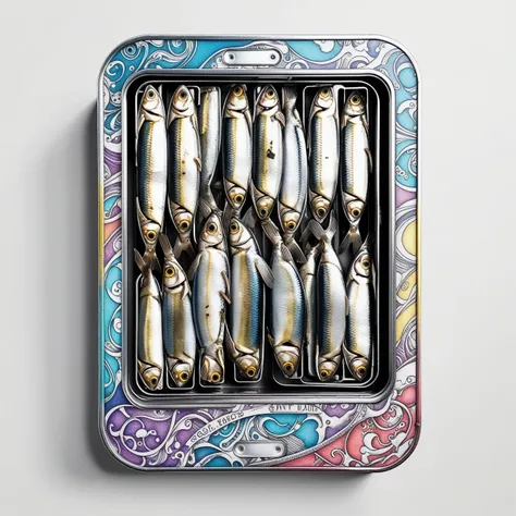 Tinned sardines in compact vending machine, tattoo design, Japanese retro, doctor, lineart PStyl3, negative space, abstract, intricate, iridescent, 