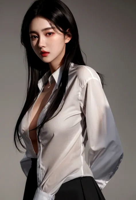 best quality, ultra high res, (photorealistic:1.4), 1girl, button shirt, black skirt, school, dark brown hair, breasts, (black hair:1.2), looking at viewer, (highly detailed face:1.1),,  (PureErosFace_V1:0.8),tiktok,